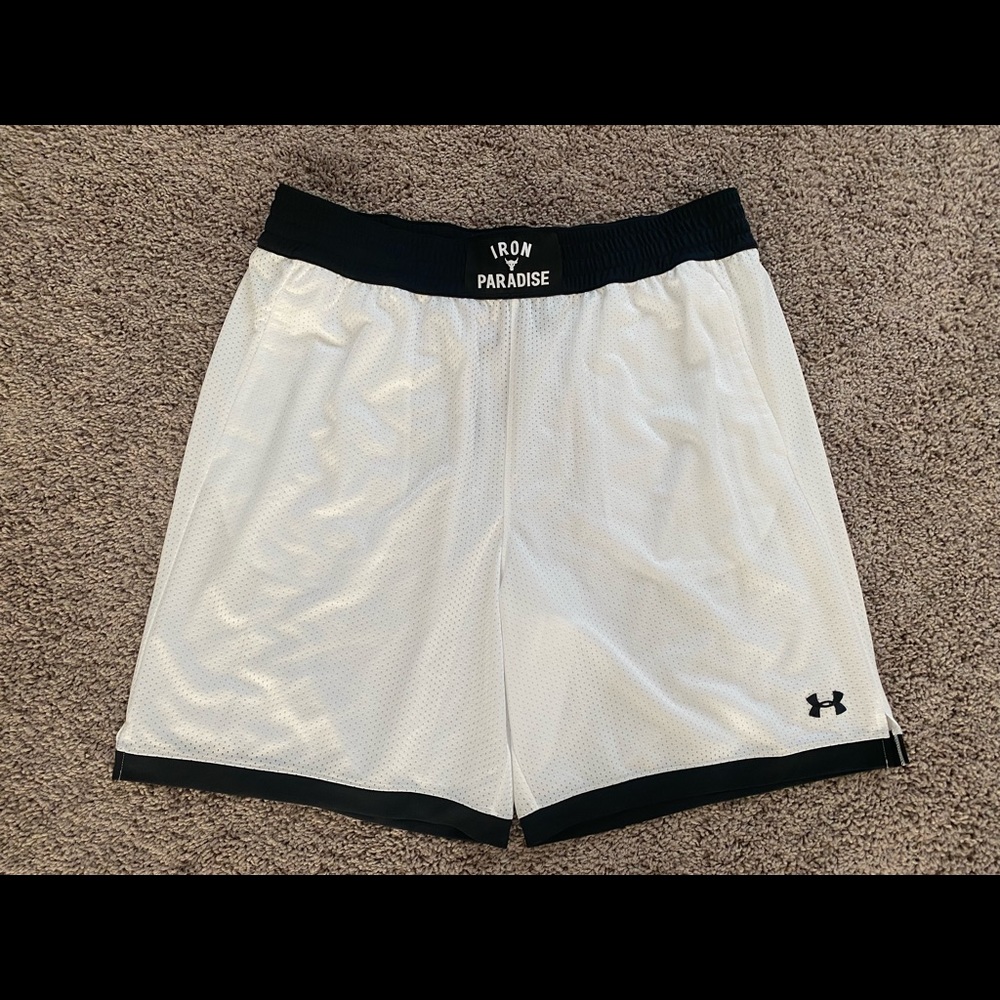 Men Under Armour Project Rock Iron Paradise White Mesh Shorts 1361618-100 Sz M